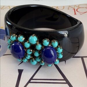 J.CREW Wide Black Lucite Cuff Bracelet with Turquoise and Navy Cabochons